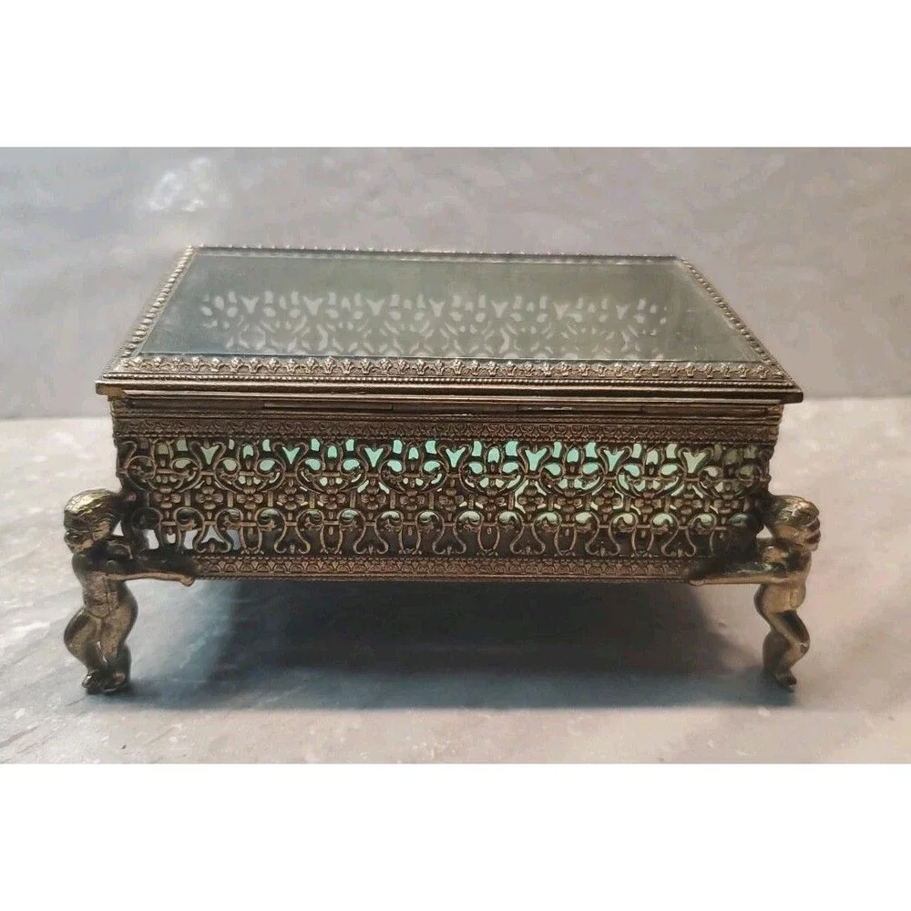 Antique Ormolu Gold Filigree Jewelry Casket Box Beveled Glass Velvet Cherub